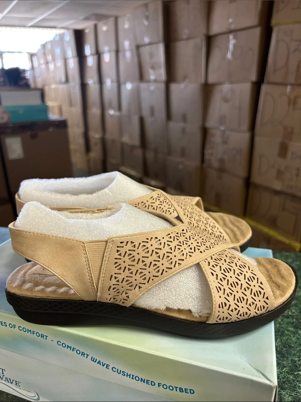 easy street Beige Laser-Cut Crisscross Comfort Sandals (Wide)